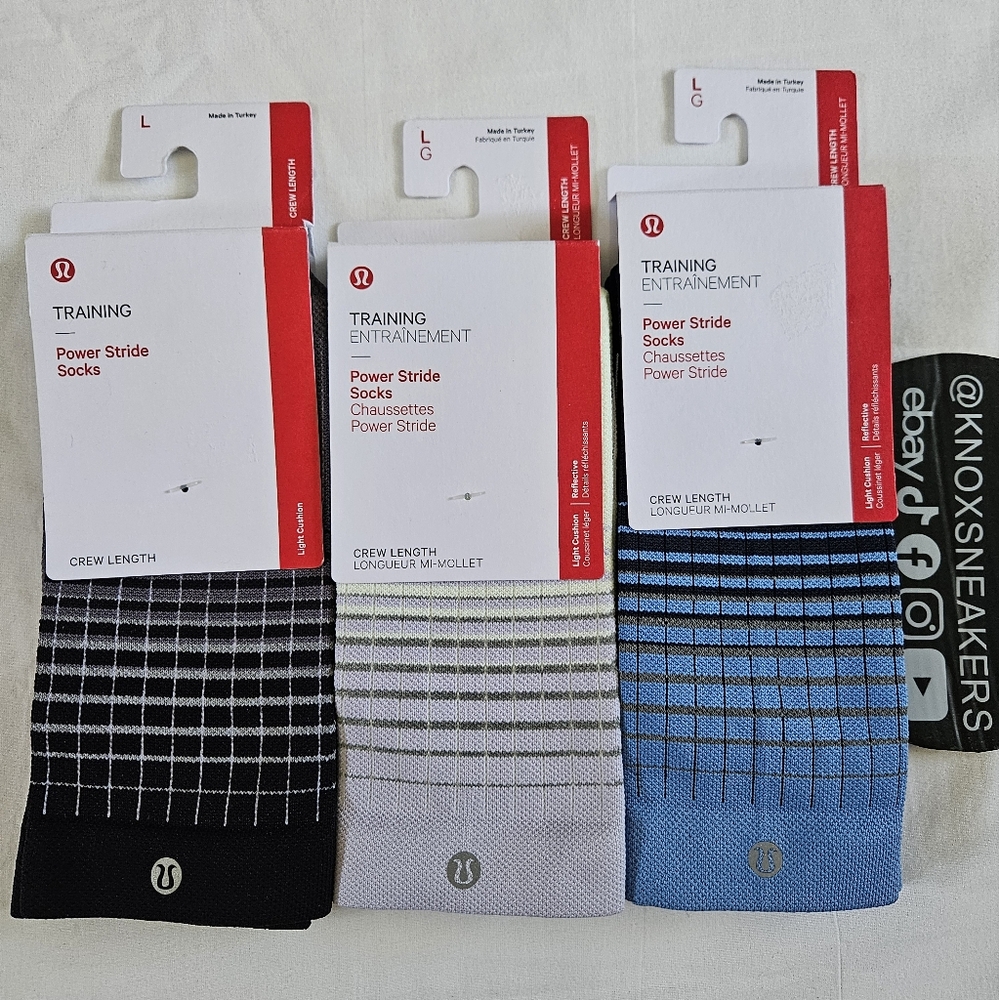 THREE PAIRS Lululemon Power Stride Crew Socks Black Blue Women's Size Large 9-11